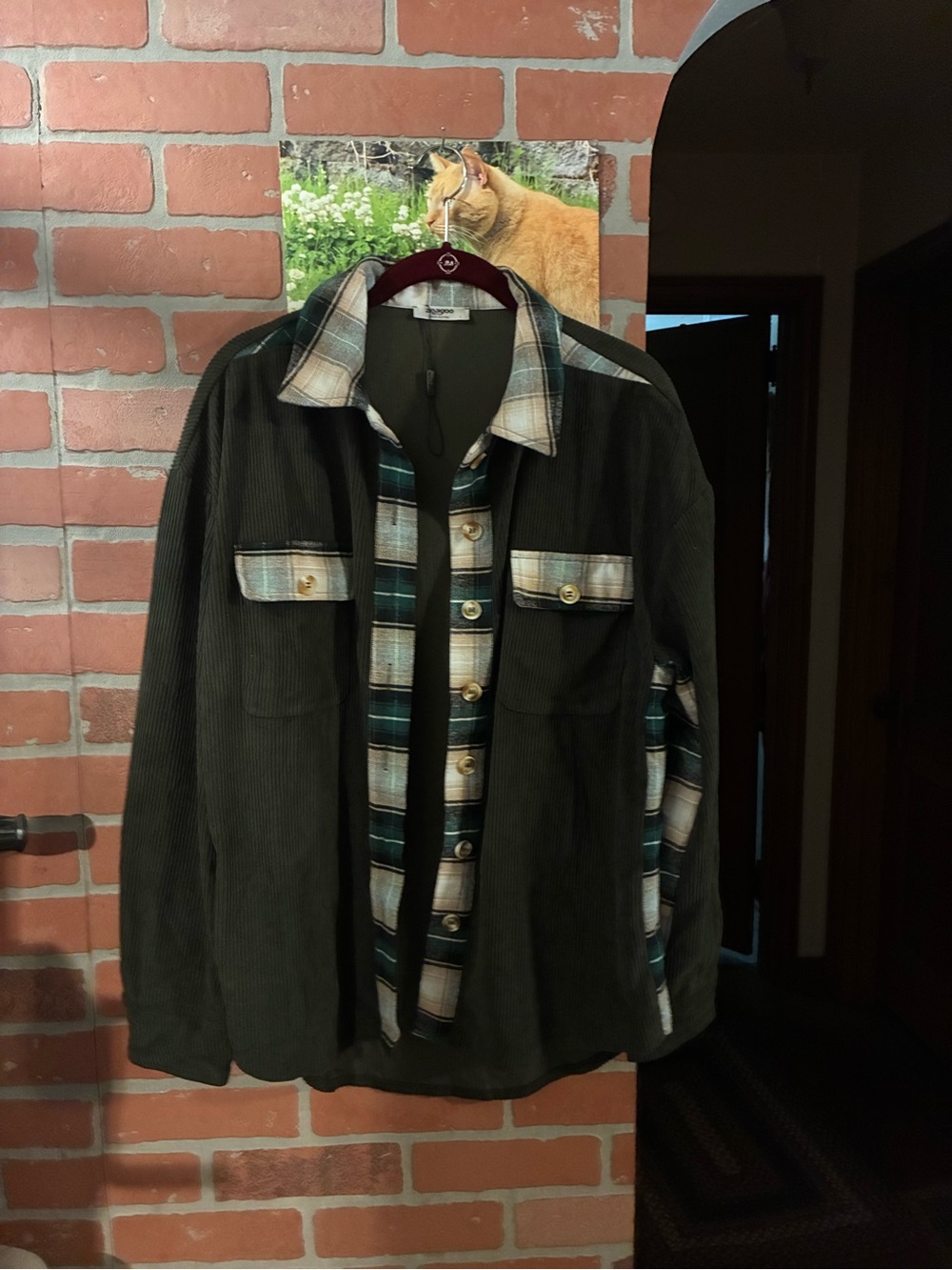 zeagoo Dark Green Corduroy Shacket with Plaid Trim